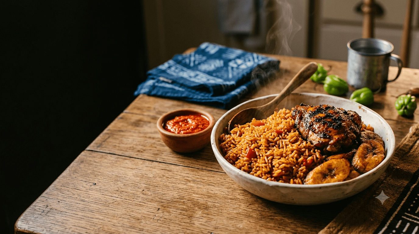 Fresh jollof rice with grilled chicken and plantains